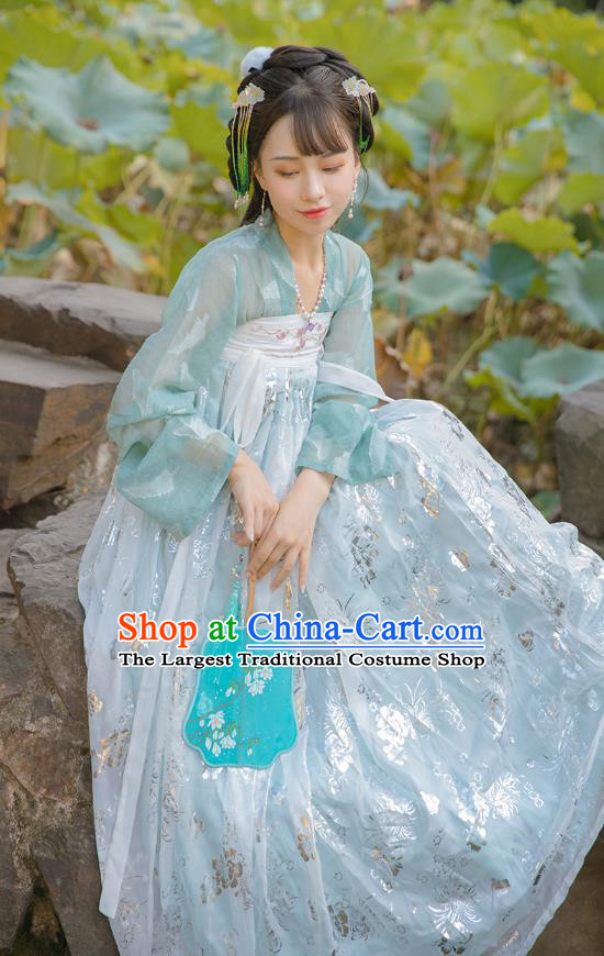 Top Chinese Tang Dynasty Embroidered Costumes Traditional Hanfu Garment Ancient Young Lady Cloak Blouse and Dress Complete Set