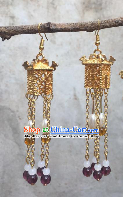 Chinese Handmade Golden Pavilion Earrings Traditional Hanfu Ear Jewelry Accessories Classical Qipao Tassel Eardrop for Women