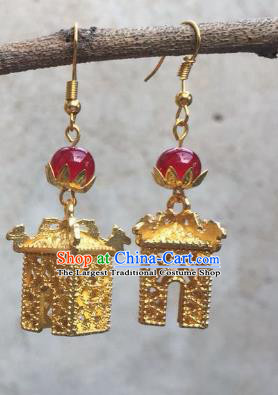 Chinese Handmade Earrings Traditional Hanfu Ear Jewelry Accessories Classical Qing Dynasty Golden Pavilion Eardrop for Women