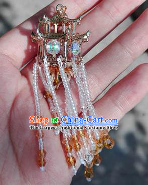 Chinese Handmade Beads Tassel Earrings Traditional Hanfu Ear Jewelry Accessories Classical Qing Dynasty Pavilion Eardrop for Women