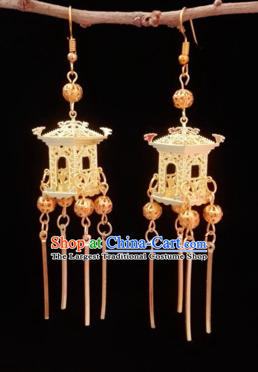 Chinese Handmade Tassel Earrings Traditional Hanfu Ear Jewelry Accessories Classical Qing Dynasty Golden Pavilion Eardrop for Women