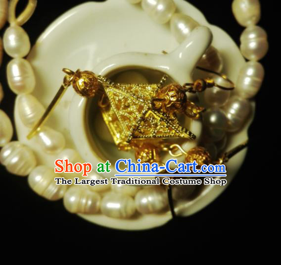 Chinese Handmade Tassel Earrings Traditional Hanfu Ear Jewelry Accessories Classical Qing Dynasty Golden Pavilion Eardrop for Women