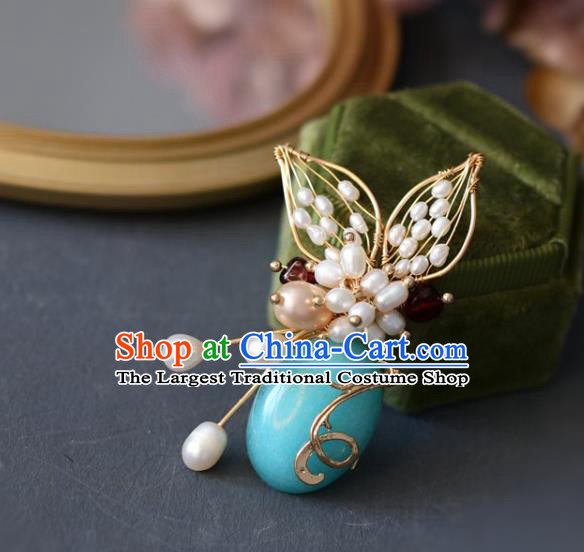 Top Grade Classical Blue Stone Brooch Accessories Handmade Cheongsam Pearls Breastpin for Women