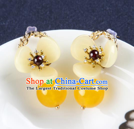 Traditional Chinese Yellow Bead Ear Accessories Handmade Eardrop National Cheongsam Flower Earrings for Women