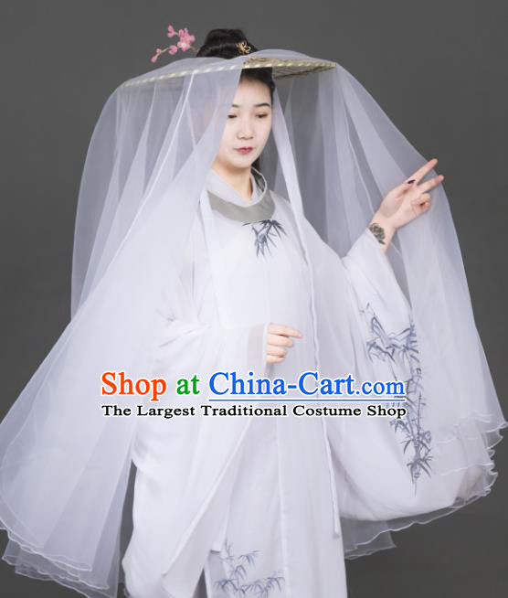 Chinese Traditional Ancient Female Swordsman Headwear Handmade Chivalrous Women Hanfu White Chiffon Bamboo Hat