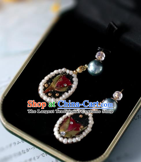 Princess Handmade Pearls Earrings Fashion Jewelry Accessories Classical Red Preserved Flower Eardrop for Women