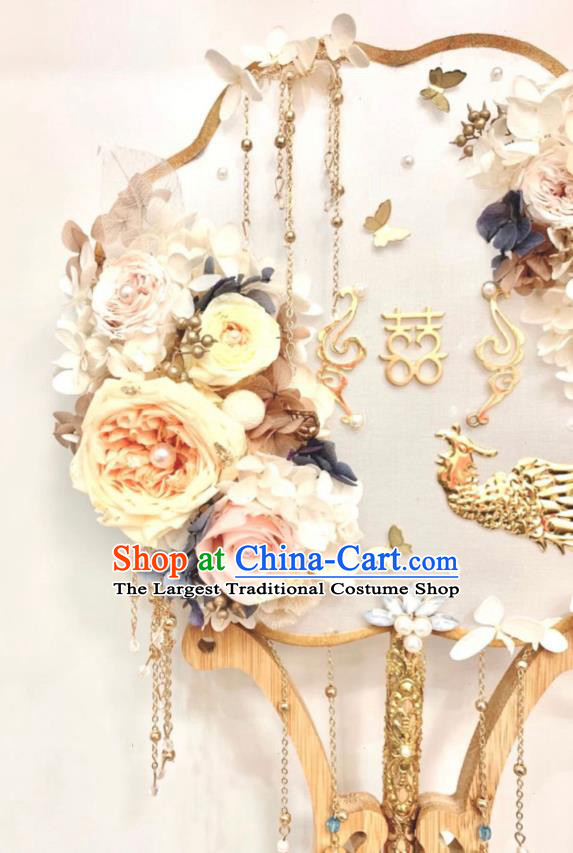 Top Grade Chinese Classical Wedding Champagne Peony Fan Accessories Handmade Ancient Bride Golden Phoenix Tassel Palace Fans for Women