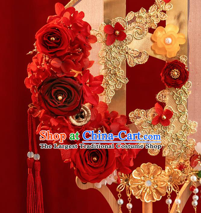Top Grade Chinese Classical Wedding Red Roses Round Fan Accessories Handmade Ancient Bride Tassel Palace Fans for Women