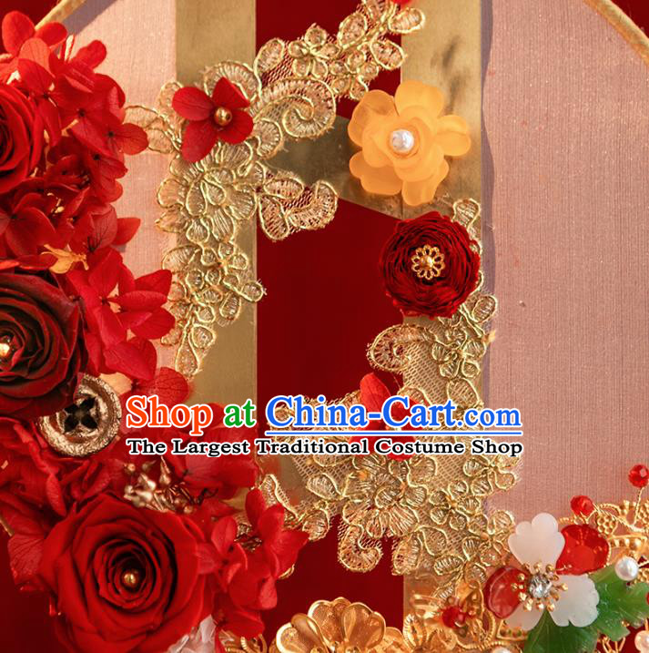 Top Grade Chinese Classical Wedding Red Roses Round Fan Accessories Handmade Ancient Bride Tassel Palace Fans for Women