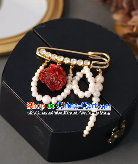 Top Grade Classical Red Rose Brooch Accessories Handmade Sweater Crystal Breastpin Pearls Ornaments for Women
