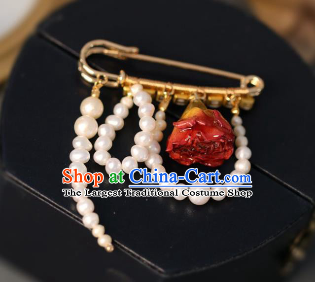 Top Grade Classical Red Rose Brooch Accessories Handmade Sweater Crystal Breastpin Pearls Ornaments for Women