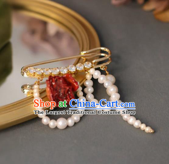 Top Grade Classical Red Rose Brooch Accessories Handmade Sweater Crystal Breastpin Pearls Ornaments for Women