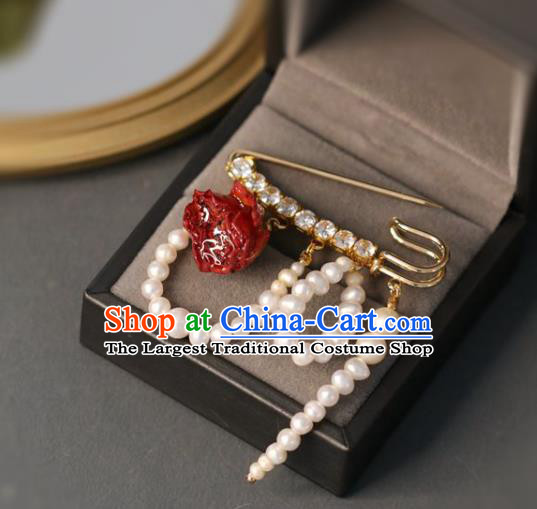Top Grade Classical Red Rose Brooch Accessories Handmade Sweater Crystal Breastpin Pearls Ornaments for Women