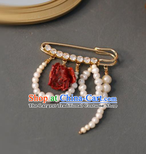 Top Grade Classical Red Rose Brooch Accessories Handmade Sweater Crystal Breastpin Pearls Ornaments for Women