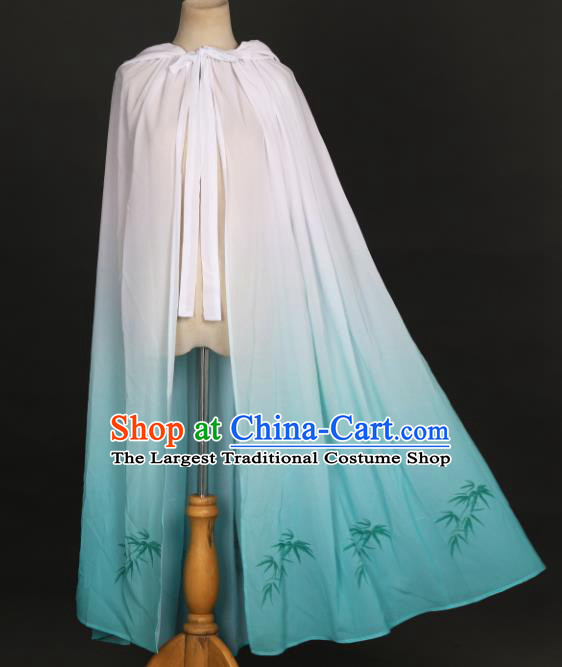 Traditional Chinese Hanfu Light Green Chiffon Cloak Ancient Costume Printing Bamboo Cape with Cap for Women