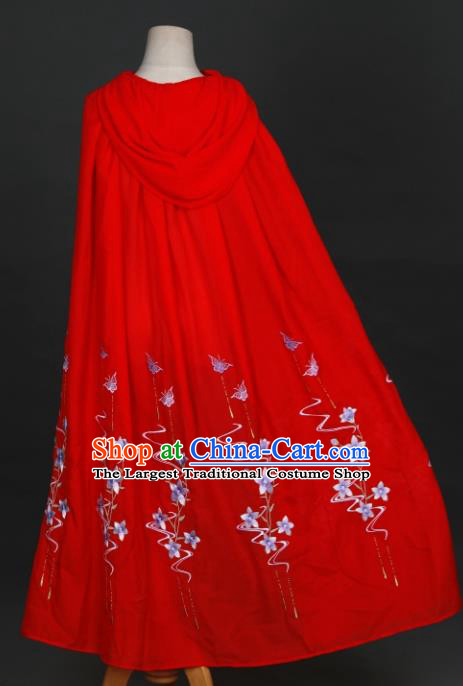 Traditional Chinese Hanfu Red Cloak Ancient Costume Embroidered Butterfly Flowers Cape with Cap for Women