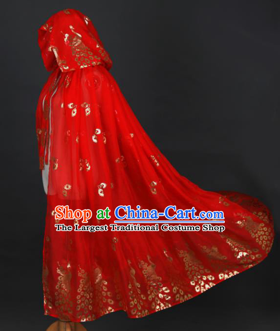 Traditional Chinese Hanfu Printing Peacock Red Cloak Ancient Costume Chiffon Cape with Cap for Women
