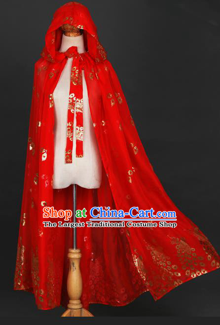 Traditional Chinese Hanfu Printing Peacock Red Cloak Ancient Costume Chiffon Cape with Cap for Women