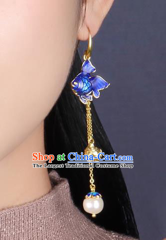 Traditional Chinese Blueing Goldfish Ear Accessories Handmade Eardrop National Cheongsam Golden Tassel Earrings for Women