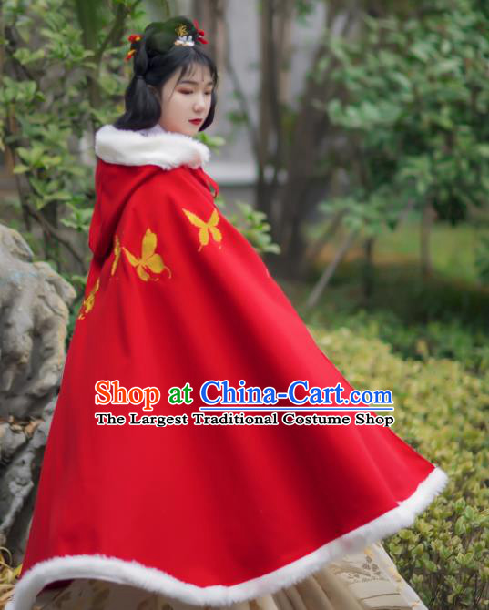 Traditional Chinese Hanfu Red Woolen Cloak Ancient Costume Winter Embroidered Butterfly Cape with Cap for Women