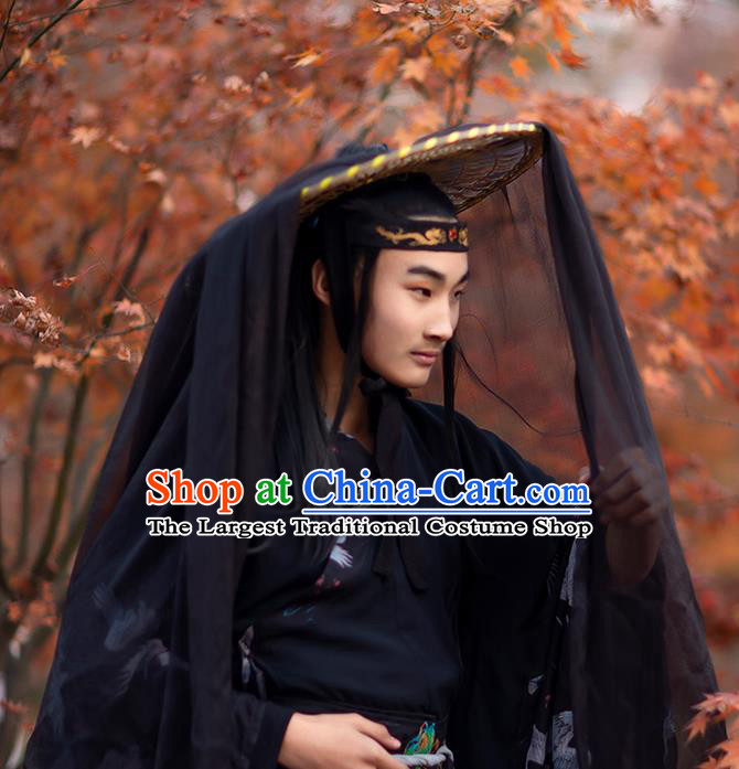 Chinese Traditional Ancient Swordsman Headwear Handmade Hanfu Knight Black Chiffon Bamboo Hat for Men