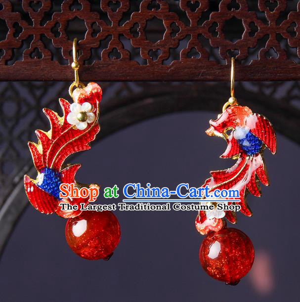 Traditional Chinese Red Phoenix Ear Accessories Handmade Eardrop National Cheongsam Glass Earrings for Women