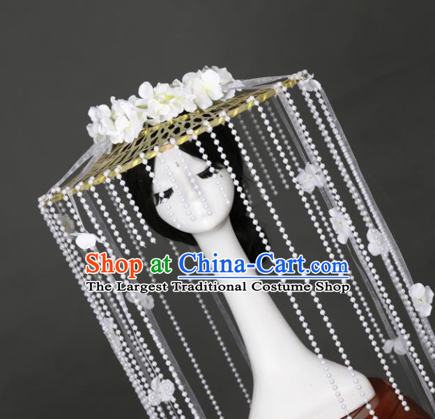 Chinese Traditional Ancient Goddess Princess Headwear Handmade Hanfu White Flowers Beads Tassel Bamboo Hat for Women