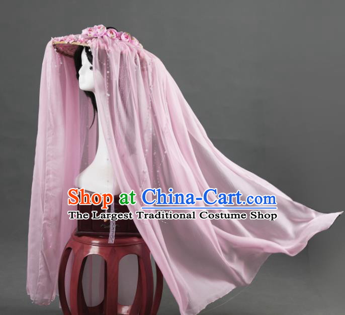 Chinese Traditional Ancient Goddess Headwear Handmade Hanfu Female Swordsman Pink Roses Veil Bamboo Hat