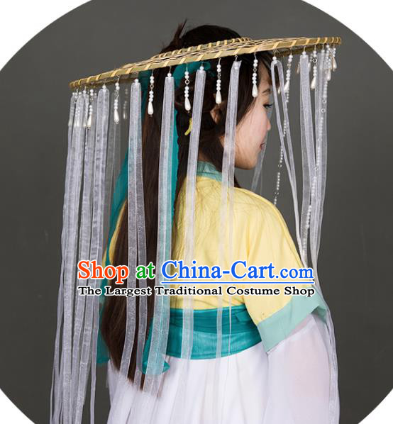 Chinese Traditional Ancient Goddess Beads Tassel Headwear Handmade Hanfu Female Swordsman White Ribbon Bamboo Hat