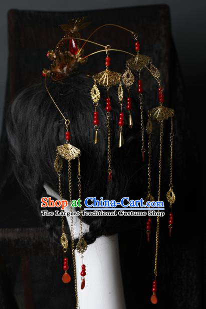 Chinese Traditional Ancient Princess Golden Tassel Hair Crown Hanfu Hair Accessories Wedding Headwear for Women