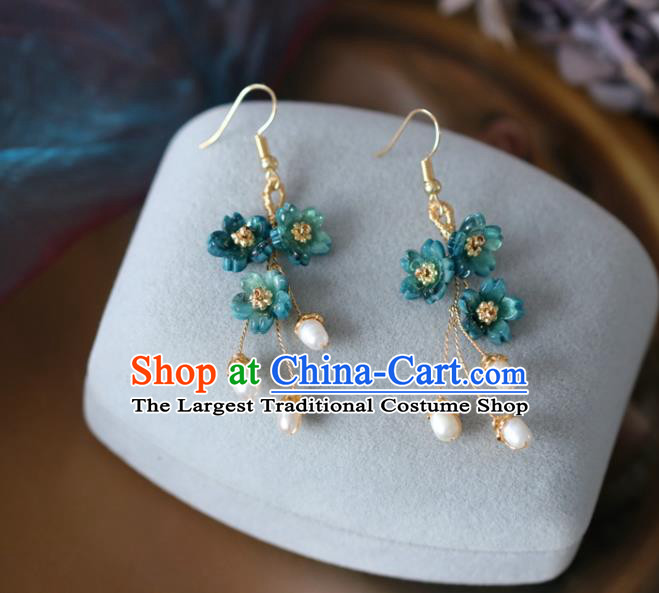Princess Handmade Blue Flowers Earrings Classical Pearls Eardrop Fashion Jewelry Accessories for Women