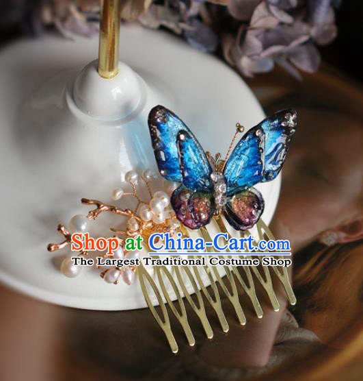 Handmade Retro Blue Butterfly Hair Comb Top Grade Hair Accessories Hair Stick Pearls Hair Pin for Women