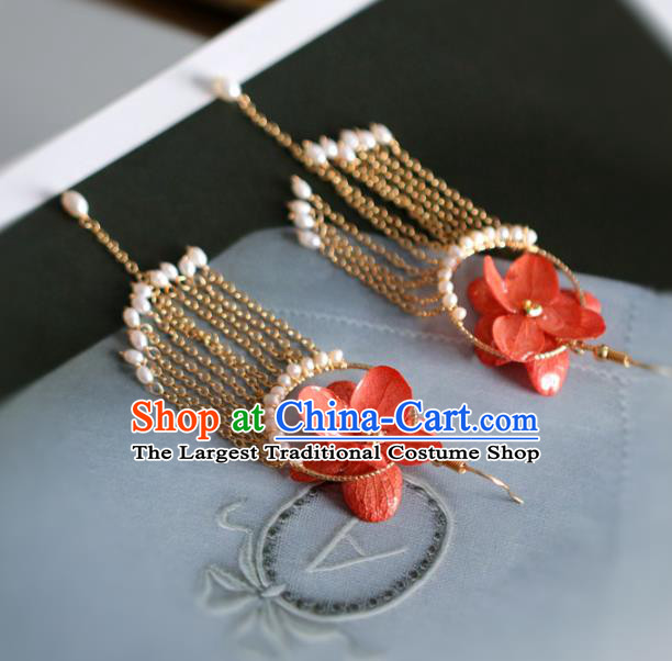 Princess Handmade Red Flower Earrings Fashion Jewelry Accessories Classical Pearls Tassel Eardrop for Women