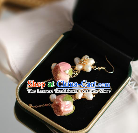 Princess Handmade Tassel Pearls Earrings Fashion Jewelry Accessories Classical Preserved Flower Eardrop for Women