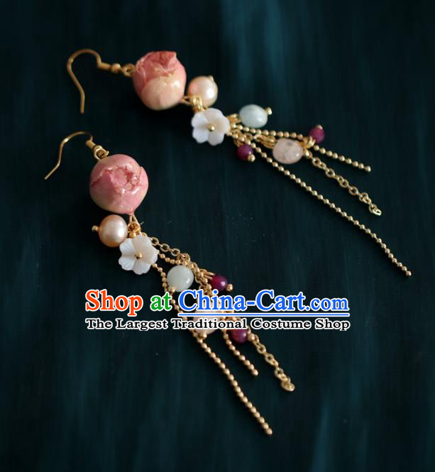 Princess Handmade Golden Tassel Earrings Fashion Jewelry Accessories Classical Pink Preserved Flower Eardrop for Women