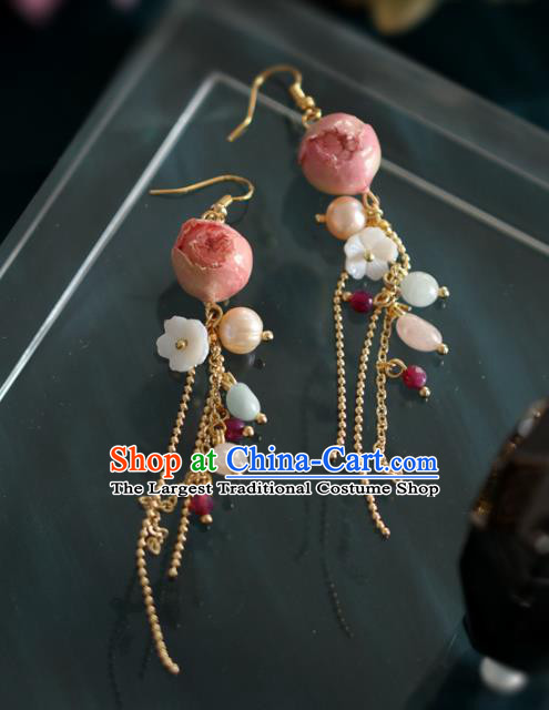 Princess Handmade Golden Tassel Earrings Fashion Jewelry Accessories Classical Pink Preserved Flower Eardrop for Women