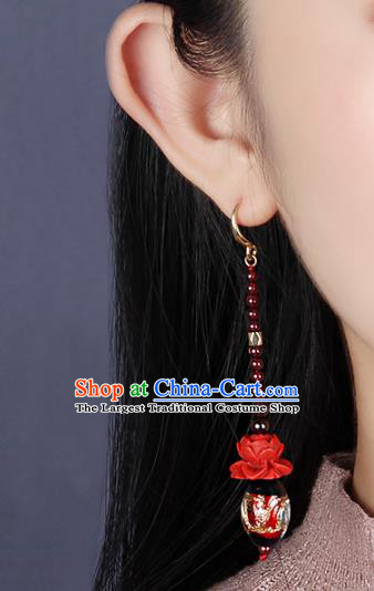 Traditional Chinese Garnet Beads Ear Accessories Handmade Eardrop National Cheongsam Red Rose Earrings for Women