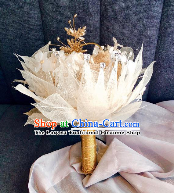 Baroque Princess Beige Leaf Bridal Bouquet Handmade Wedding Accessories Photography Prop Bride Crystal Flowers for Women