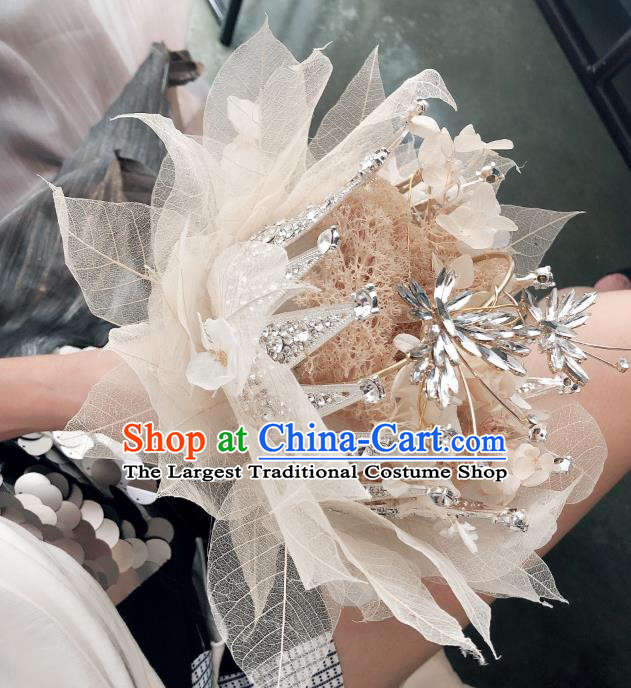 Baroque Princess Beige Leaf Bridal Bouquet Handmade Wedding Accessories Photography Prop Bride Crystal Flowers for Women