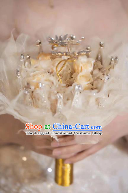 Baroque Princess Beige Leaf Bridal Bouquet Handmade Wedding Accessories Photography Prop Bride Crystal Flowers for Women