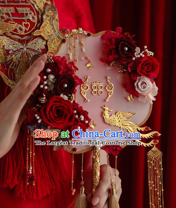 Top Grade Chinese Classical Wedding Tassel Round Fan Accessories Handmade Ancient Bride Red Roses Palace Fans for Women
