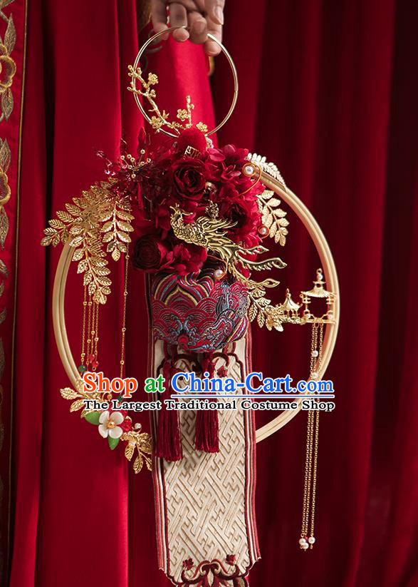 Handmade Chinese Wedding Prop Red Flowers Fan Top Grade Bride Accessories Photography Portable Palace Fan for Women