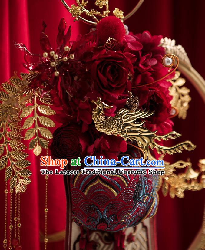 Handmade Chinese Wedding Prop Red Flowers Fan Top Grade Bride Accessories Photography Portable Palace Fan for Women