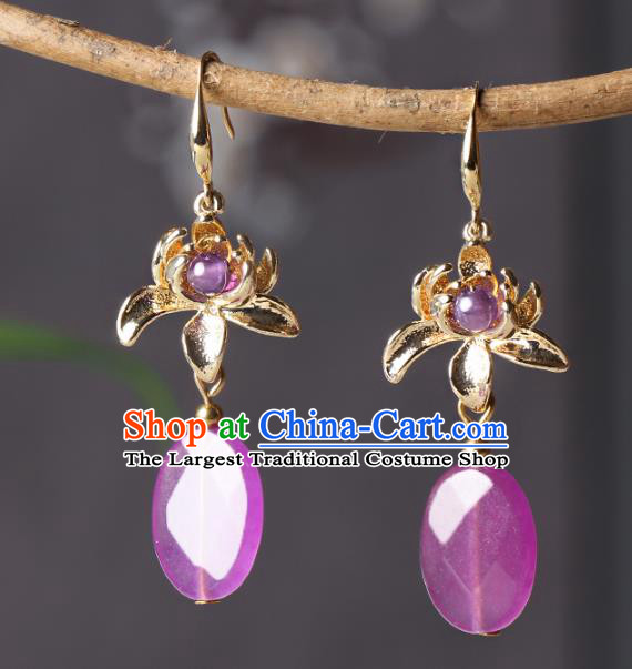 Traditional Chinese Lotus Ear Accessories Handmade Eardrop National Cheongsam Violet Earrings for Women
