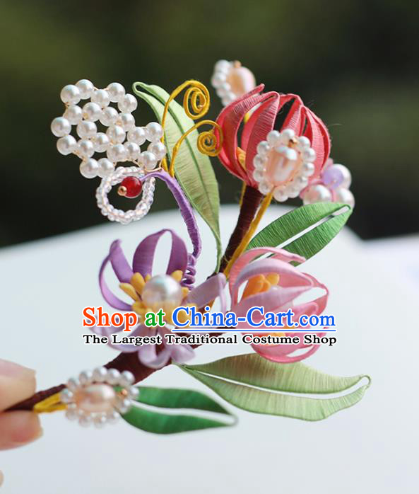 Handmade Chinese Classical Pearls Hair Accessories Ancient Princess Silk Flowers Hairpins Hanfu Headwear for Women