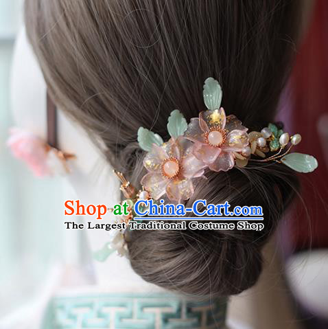 Handmade Chinese Classical Hair Accessories Ancient Princess Pink Flowers Hairpins Hanfu Headwear for Women