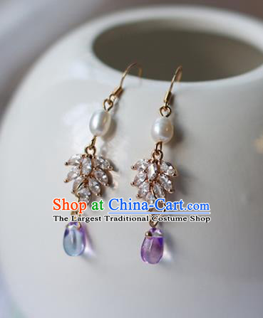 Traditional Chinese Handmade Crystal Earrings Ancient Hanfu Pearl Ear Accessories for Women