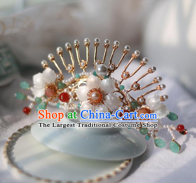 Handmade Chinese Tang Dynasty Pearls Hair Clip Traditional Classical Hanfu Hair Accessories Ancient Princess Shell Flower Hairpins for Women