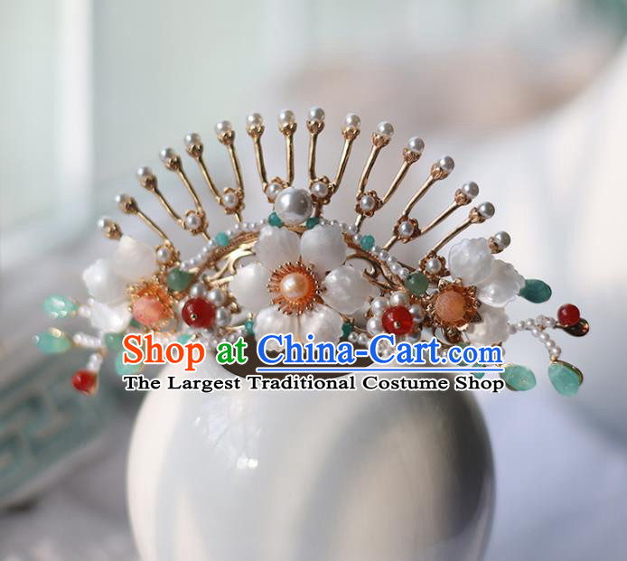 Handmade Chinese Tang Dynasty Pearls Hair Clip Traditional Classical Hanfu Hair Accessories Ancient Princess Shell Flower Hairpins for Women