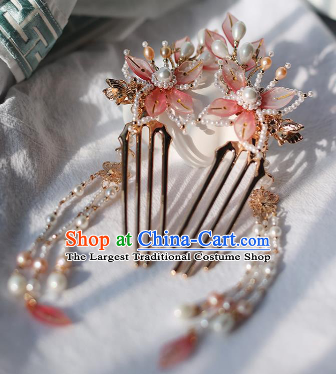 Handmade Chinese Pink Lotus Hair Combs Traditional Classical Hanfu Hair Accessories Ancient Princess Pearls Tassel Hairpins for Women